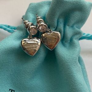 Tiffany & Co. Silver Heart Drop Earrings with Clear Stones